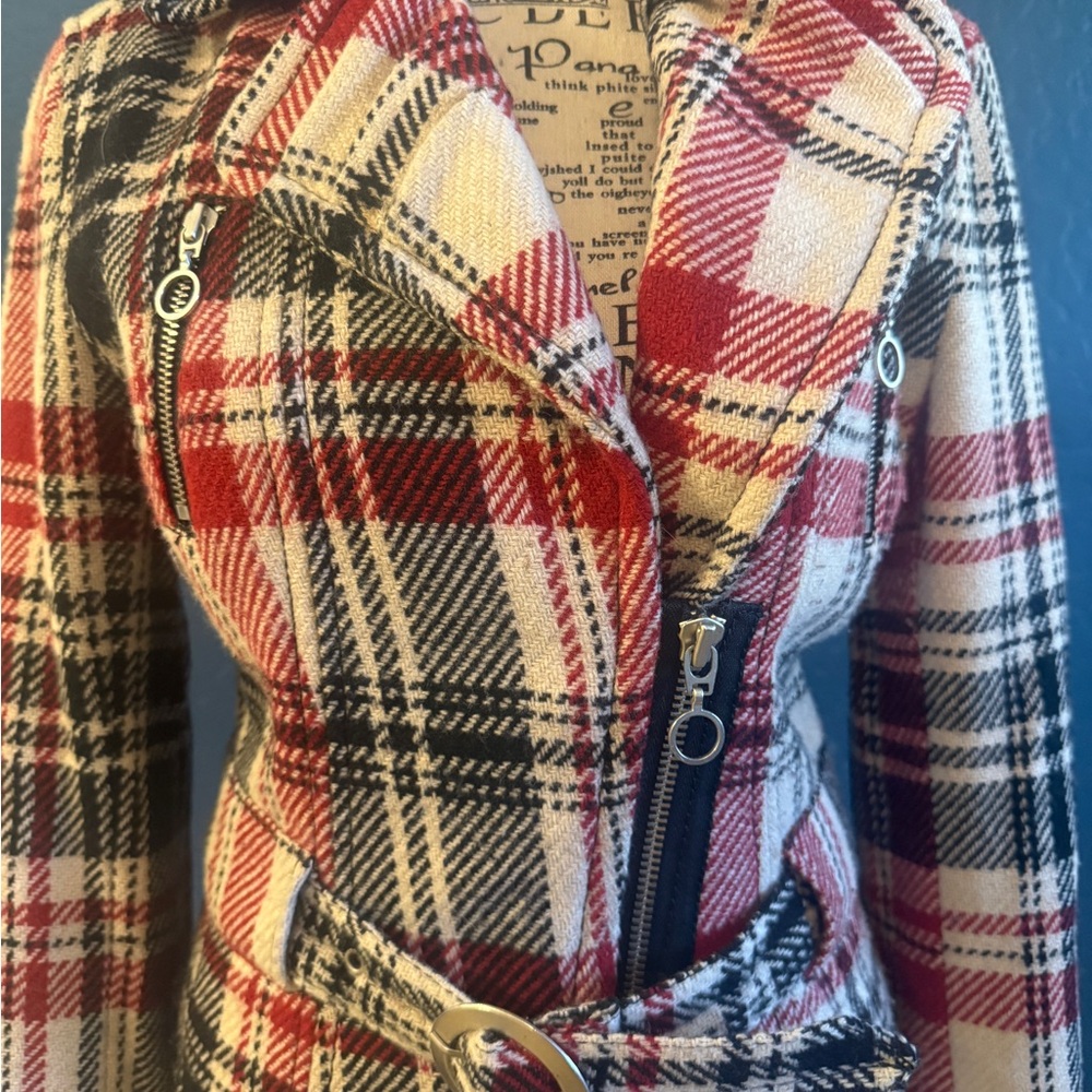 Express Red and Black Plaid Women's Moto Jacket Blazer - Picture 2 of 10